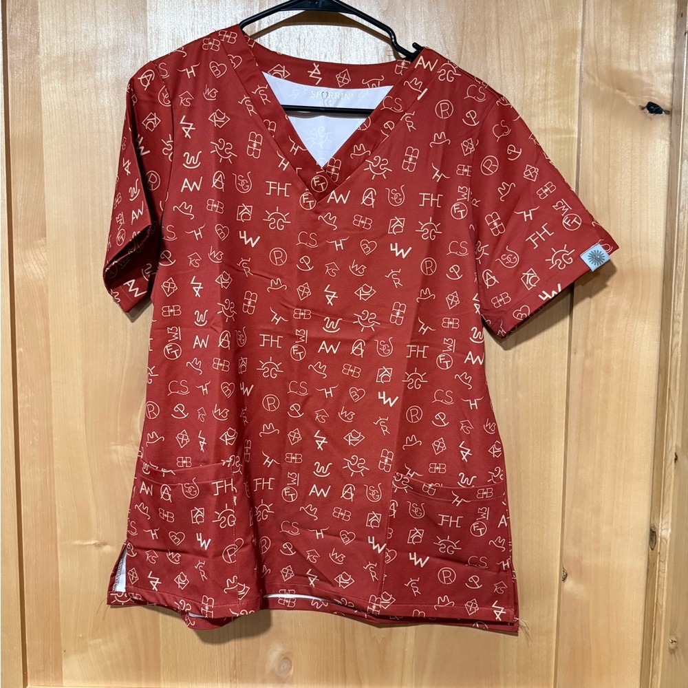 Red Patterned Scrub Top